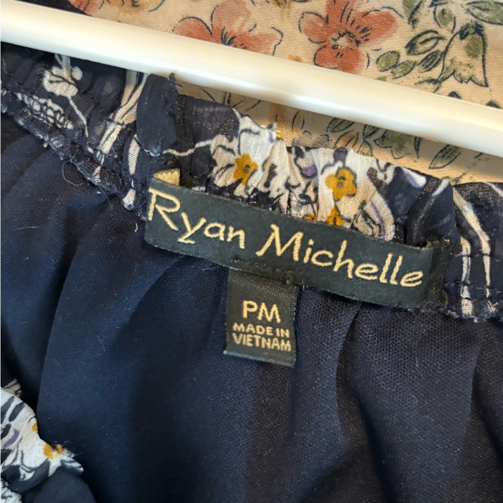 Navy floral dress w/ sheer sleeves,worn on shoulders, smocked waist w/tie - Picture 3 of 3